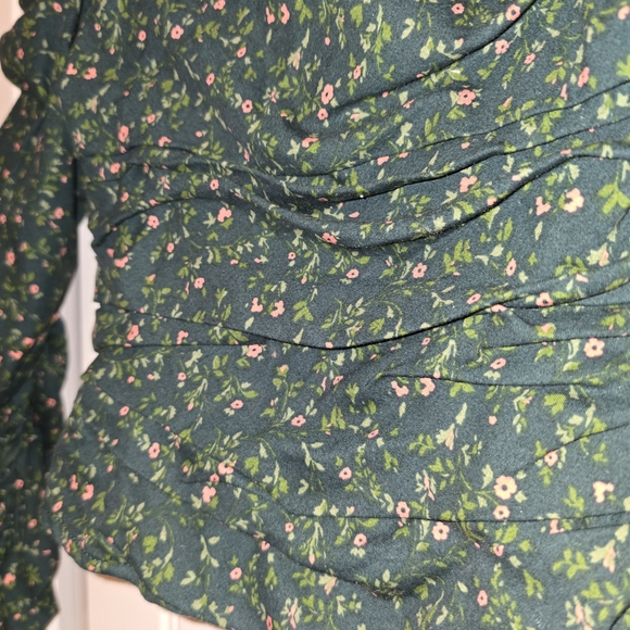 Reformation "Joi" Size 0 Green Floral Ruched Puff Sleeve Top Organic Cotton - Picture 6 of 16